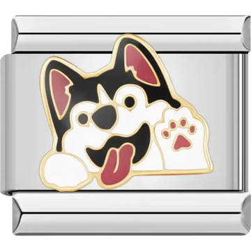 Black and white husky design with tongue out and paw detail Italian charm bracelet link