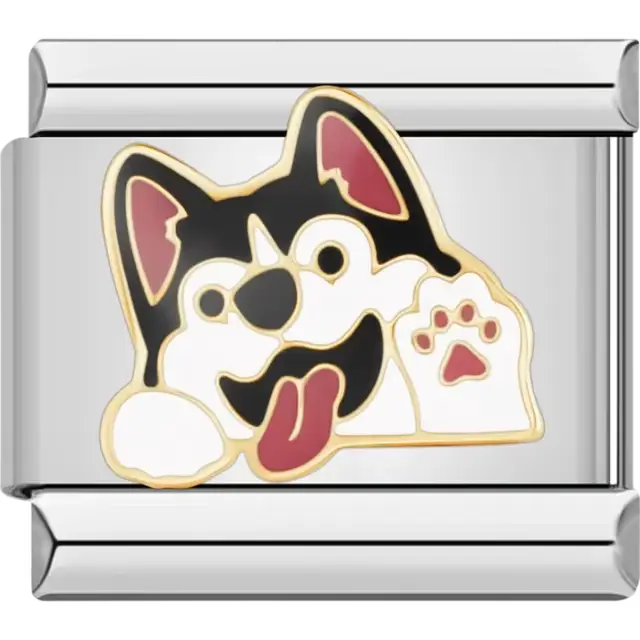 Black and white husky design with tongue out and paw detail Italian charm bracelet link