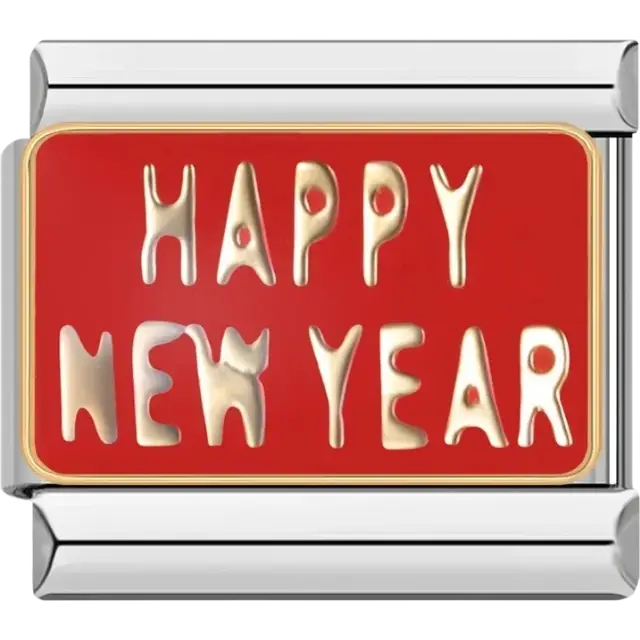 “Happy New Year” text on red background Italian charm bracelet link