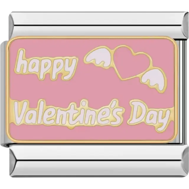 Pink charm with "Happy Valentine's Day" text and a winged heart design Italian charm bracelet link