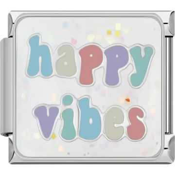 "Happy Vibes" text in colorful letters with a confetti-patterned background Italian charm bracelet link