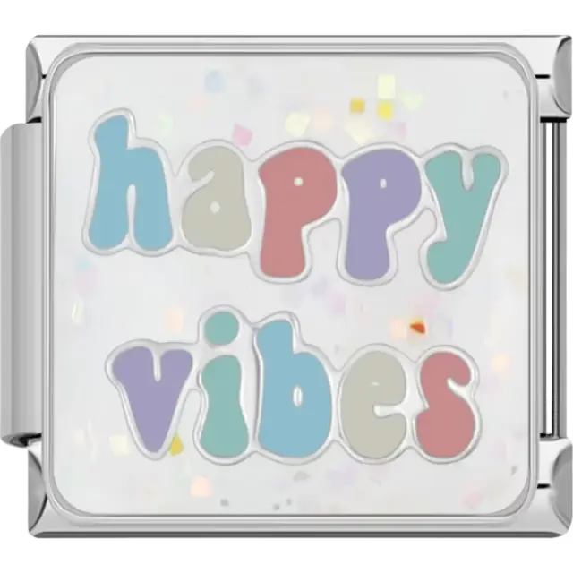 "Happy Vibes" text in colorful letters with a confetti-patterned background Italian charm bracelet link