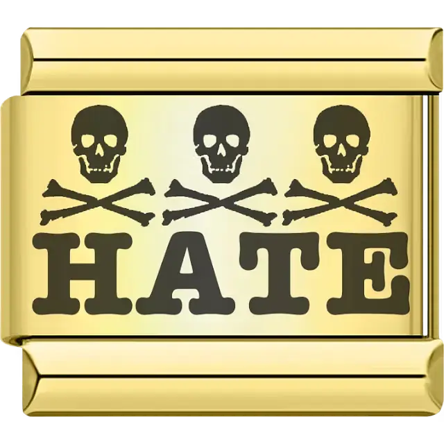 Bold black "HATE" text with three skull and crossbones designs Italian charm bracelet link