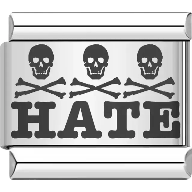 Bold black "HATE" text with three skull and crossbones designs Italian charm bracelet link