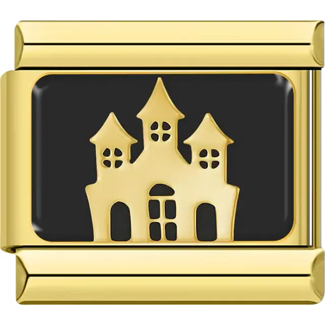 Gold haunted house with black background Italian charm bracelet link