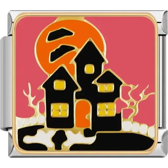 Black haunted house design with yellow windows, a full orange moon, and a pink background Italian charm bracelet link