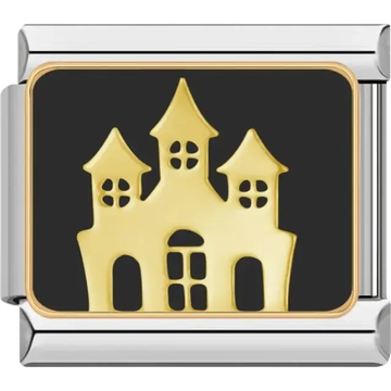 Gold haunted house with black background Italian charm bracelet link