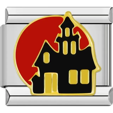 Black haunted house design with gold accents and a red full moon background Italian charm bracelet link
