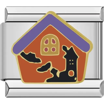 Orange house with purple roof black tree and bats Italian charm bracelet link