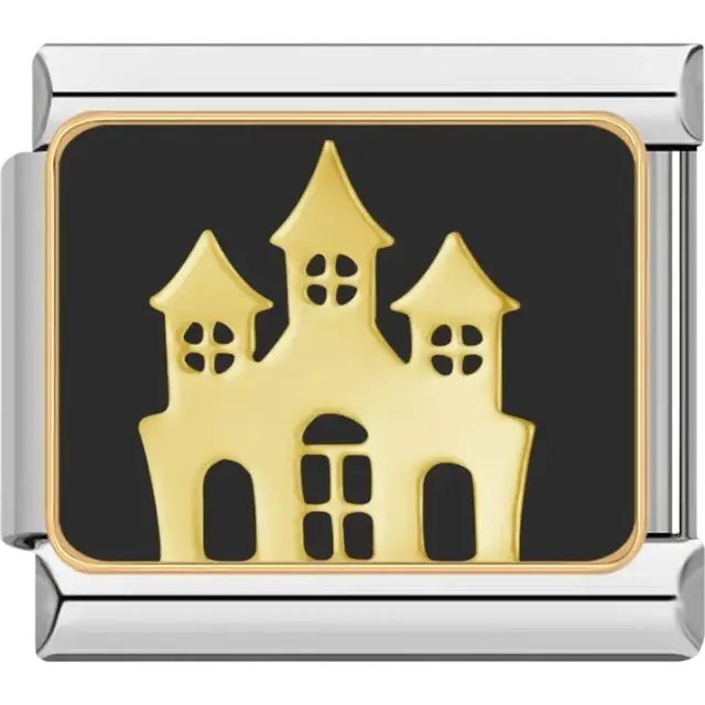 Gold haunted house with black background Italian charm bracelet link
