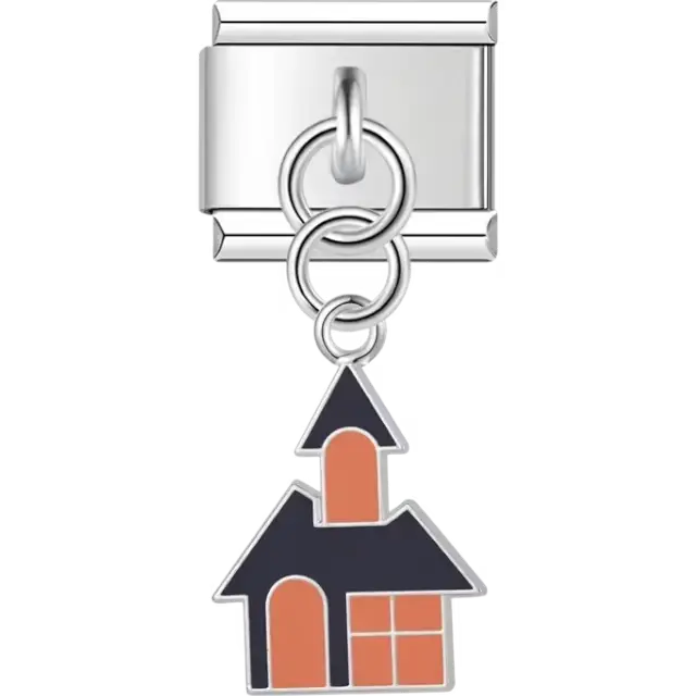 Black and orange haunted house dangle with arched door and window details Italian charm bracelet link