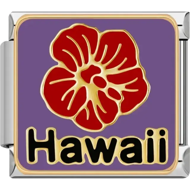Purple background with red flower and “Hawaii” text Italian charm bracelet link