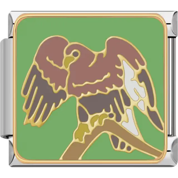 Hawk with brown white and gold detailing perched on a branch over a green background Italian charm bracelet link