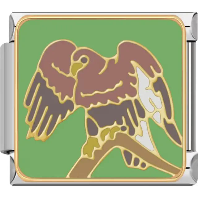 Hawk with brown white and gold detailing perched on a branch over a green background Italian charm bracelet link