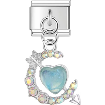 Blue heart with crescent moon and arrow accented by iridescent gemstones dangle Italian charm bracelet link