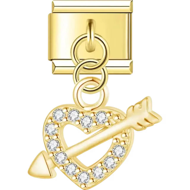 Dangling heart with arrow and crystal accents Italian charm bracelet link
