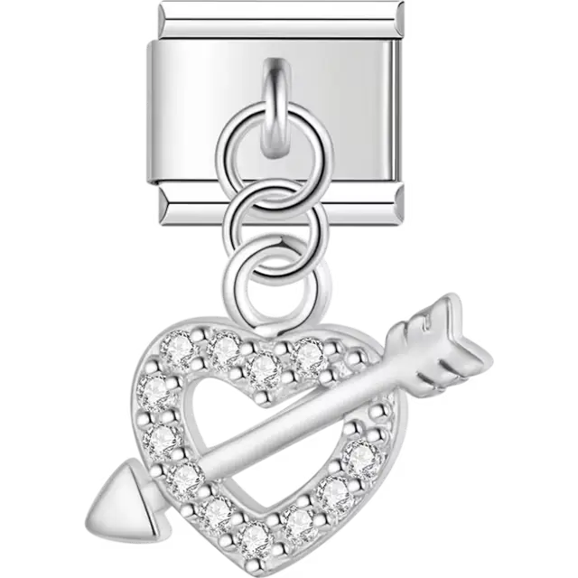 Dangling heart with arrow and crystal accents Italian charm bracelet link