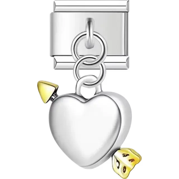 Silver heart dangle decorated with gold cheese wedge details Italian charm bracelet link