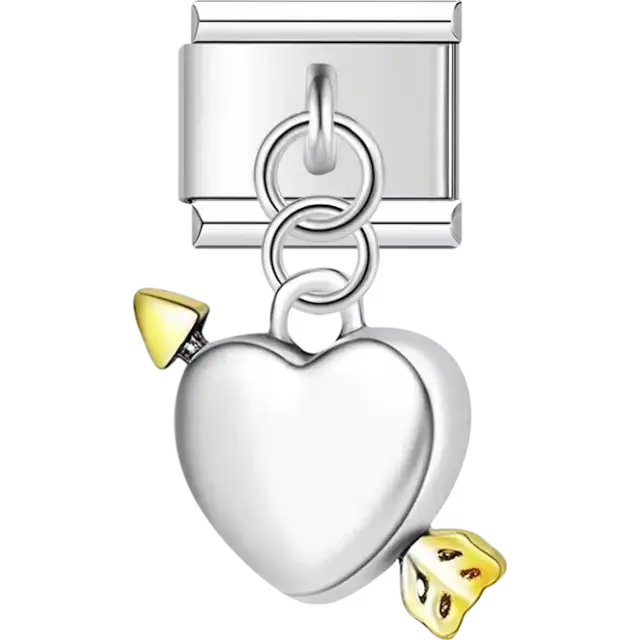 Silver heart dangle decorated with gold cheese wedge details Italian charm bracelet link