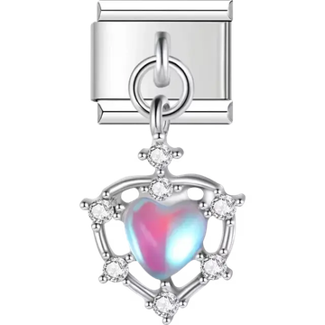 Iridescent heart with crystal-accented frame dangle Italian charm bracelet link