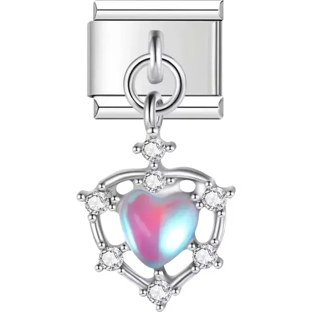 Iridescent heart with crystal-accented frame dangle Italian charm bracelet link