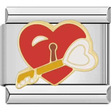 Red heart with gold key and heart-shaped white accent Italian charm bracelet link
