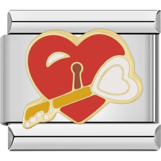 Red heart with gold key and heart-shaped white accent Italian charm bracelet link