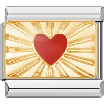 Red heart design surrounded by gold sun rays Italian charm bracelet link