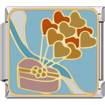 Gold and brown heart-shaped balloons tied to a pink gift box with blue background Italian charm bracelet link