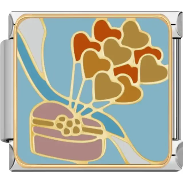 Gold and brown heart-shaped balloons tied to a pink gift box with blue background Italian charm bracelet link