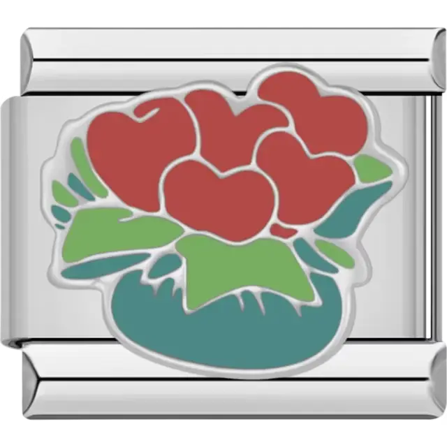 Red heart-shaped flowers arranged in a green and teal bouquet Italian charm bracelet link