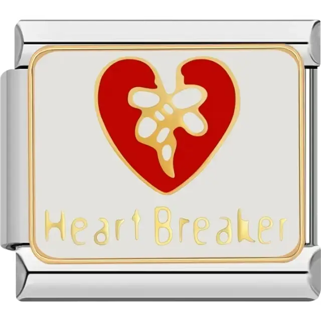 Gold and red heart design with "Heart Breaker" text Italian charm bracelet link
