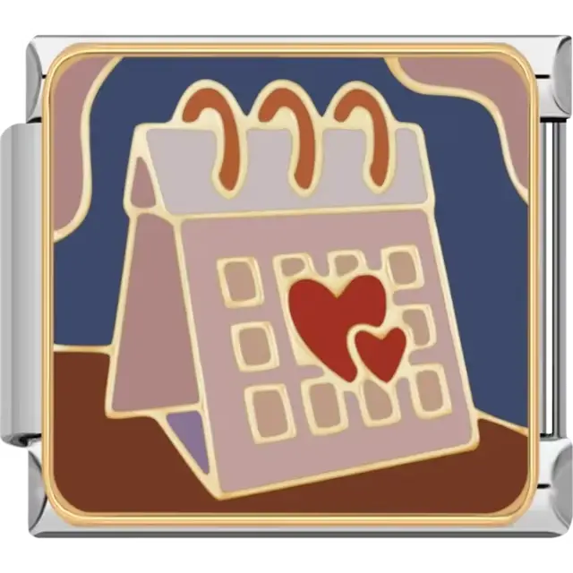 Desk calendar with red and pink hearts on brown and blue background Italian charm bracelet link