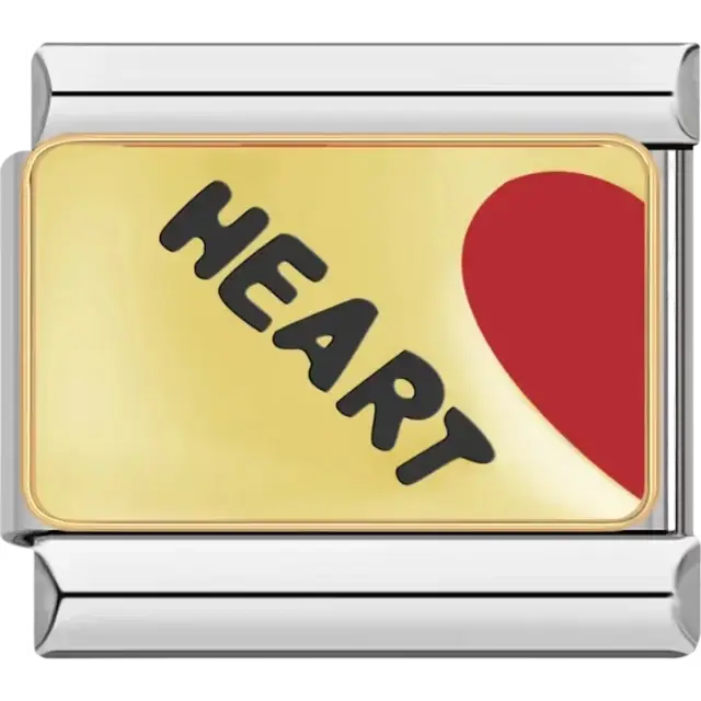 Gold link with a red partial heart and the word Heart in black Italian charm bracelet link