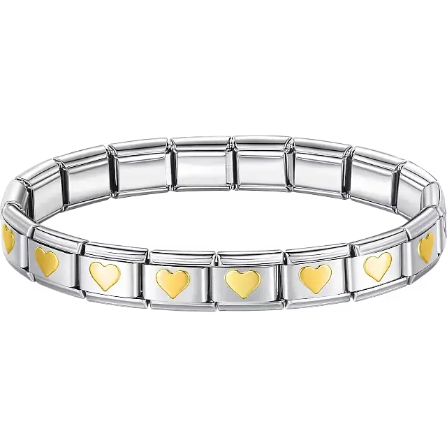 Gold hearts charms composing stainless steel Italian bracelet