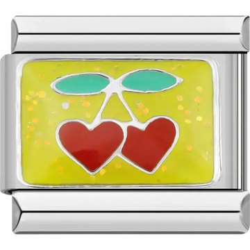 Heart shaped cherries with green leaves on a yellow background Italian charm bracelet link.