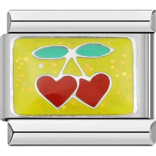 Heart shaped cherries with green leaves on a yellow background Italian charm bracelet link.