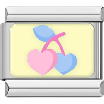 Pink and blue heart cherries on yellow background Italian charm bracelet link