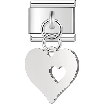 Large heart with a smaller cut-out heart and dangling piece Italian charm bracelet link
