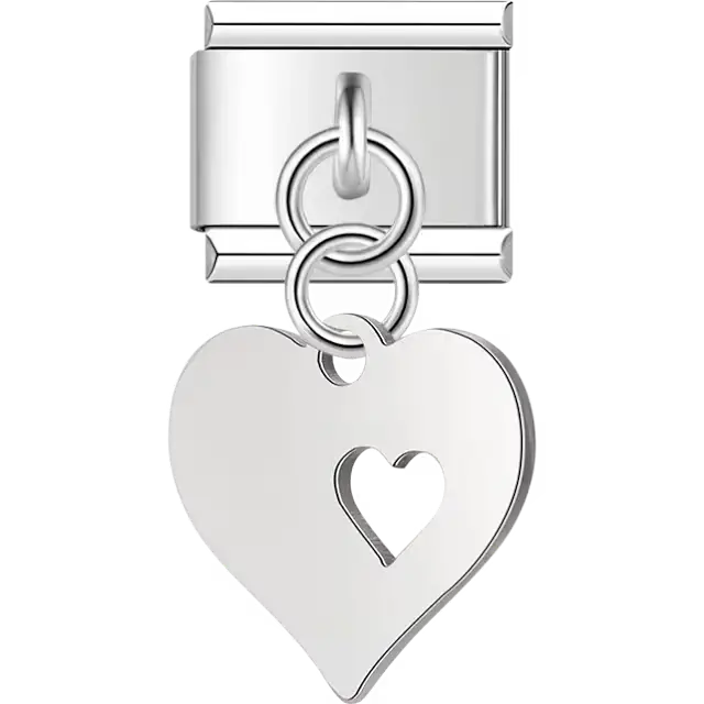 Large heart with a smaller cut-out heart and dangling piece Italian charm bracelet link