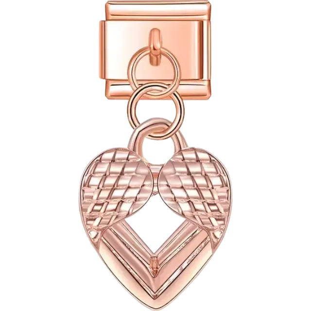 Heart with textured wing design Italian charm bracelet link
