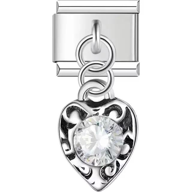 Heart with a round crystal on a dangling link Italian charm bracelet link