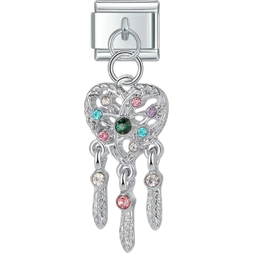 Heart-shaped dreamcatcher charm with multicolor crystals and feather details Italian charm bracelet link