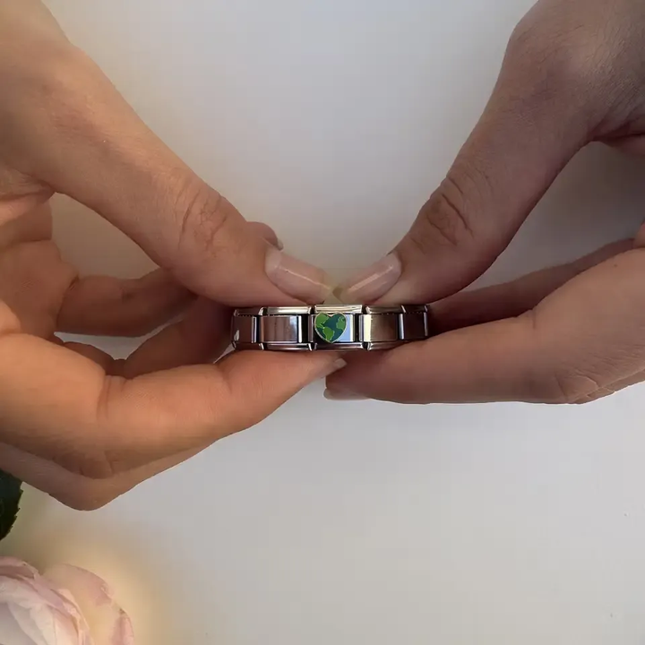 Heart shaped earth design with green continents and blue oceans Italian charm bracelet link