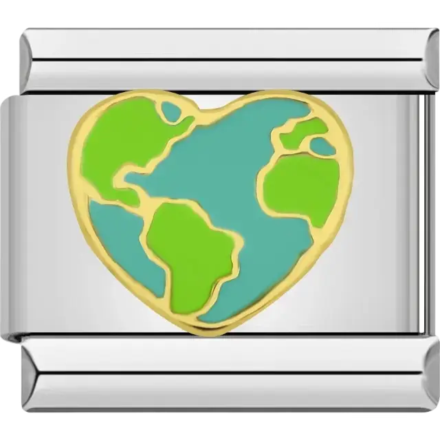 Heart shaped earth design with green continents and blue oceans Italian charm bracelet link