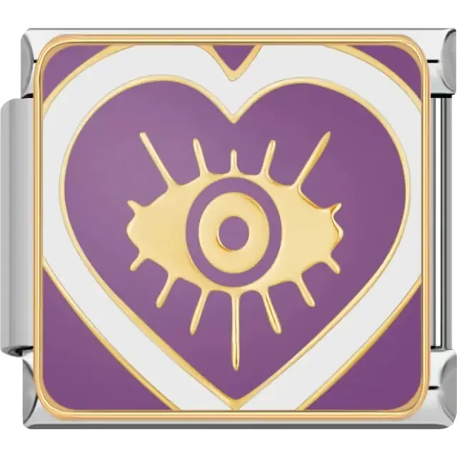 Gold eye inside a white-lined heart on a purple background Italian charm bracelet link