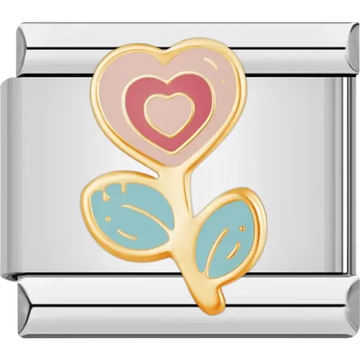 Heart-shaped pink and red flower design with blue leaves Italian charm bracelet link