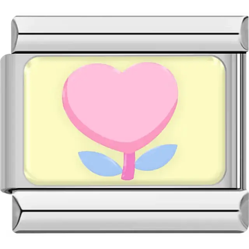 Pink heart shaped flower with blue leaves on yellow background Italian charm bracelet link