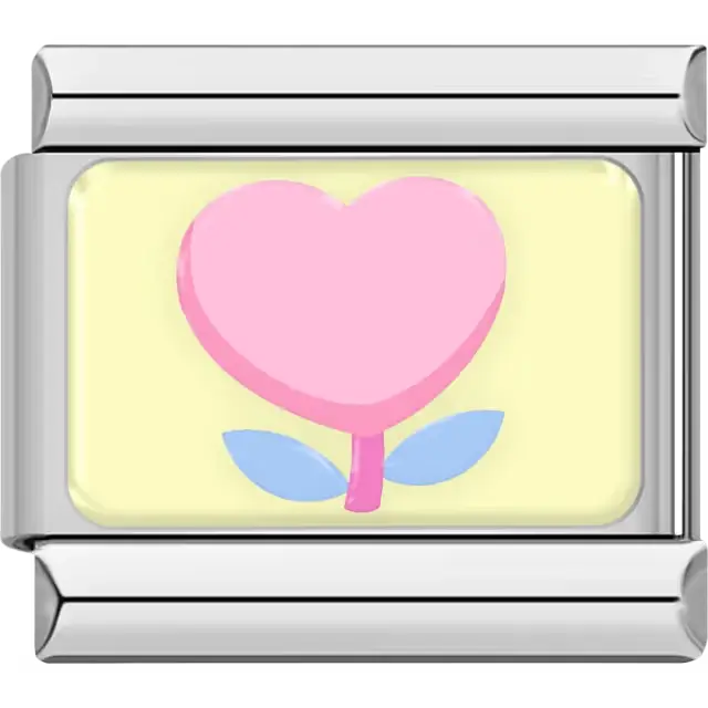 Pink heart shaped flower with blue leaves on yellow background Italian charm bracelet link