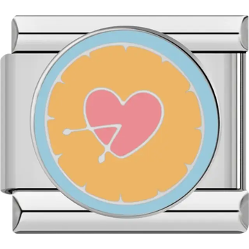 Pink heart with flower petals on a blue and yellow Italian charm bracelet link